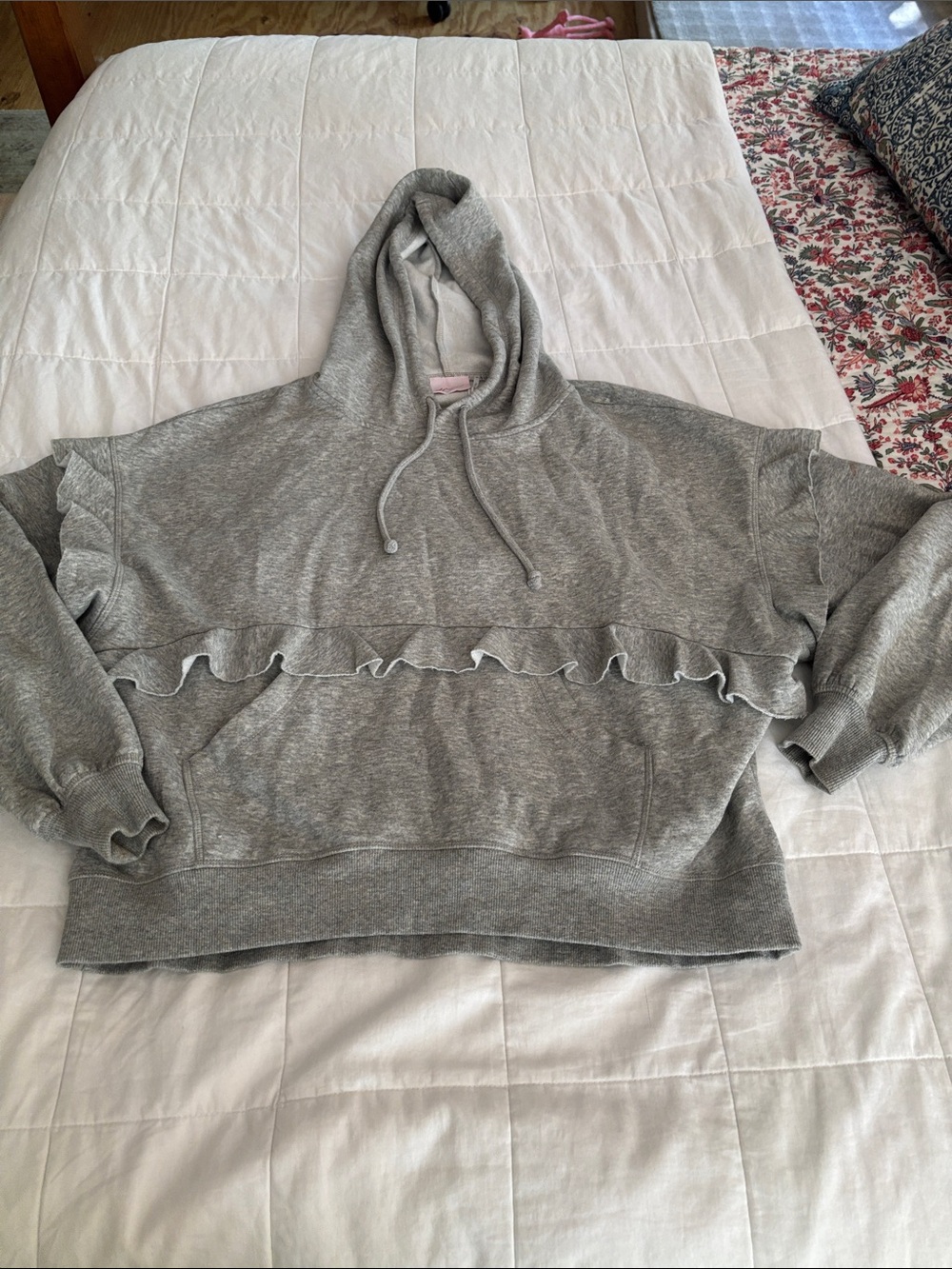 Urban Outfitters Gray Ruffle-Hem Pullover Hoodie “out from under” sz XS NWOT